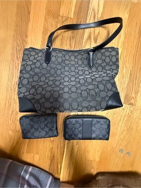 Coach Charcoal Signature Canvas Tote with Matching Wallets and Card Case